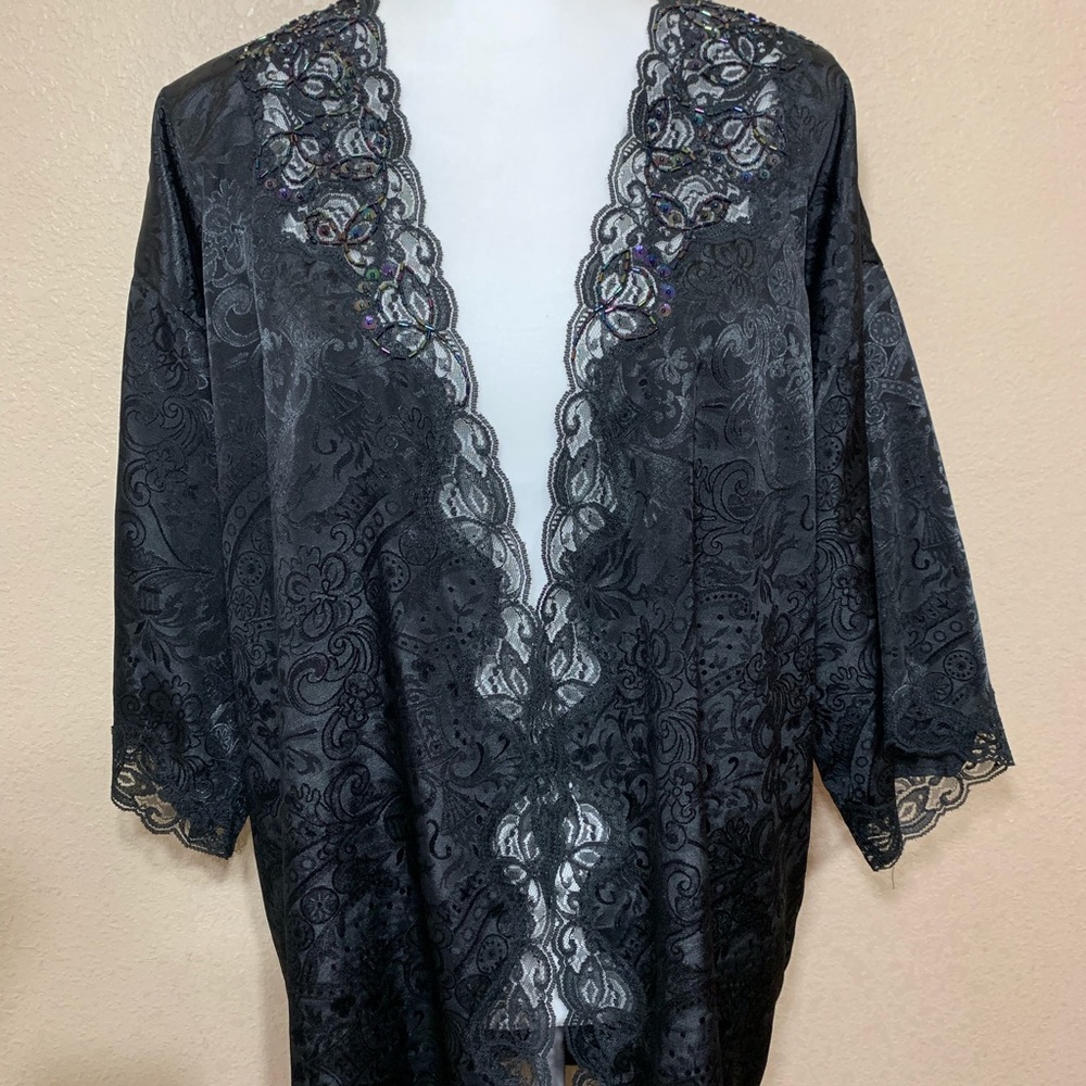 VS Vintage Black Beaded Lace Kimono Robe One Size